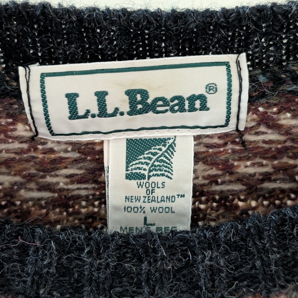Vintage L.L. Bean Fair Isle Geometric Textured Wool Sweater In Black/Tan - Picture 6 of 7
